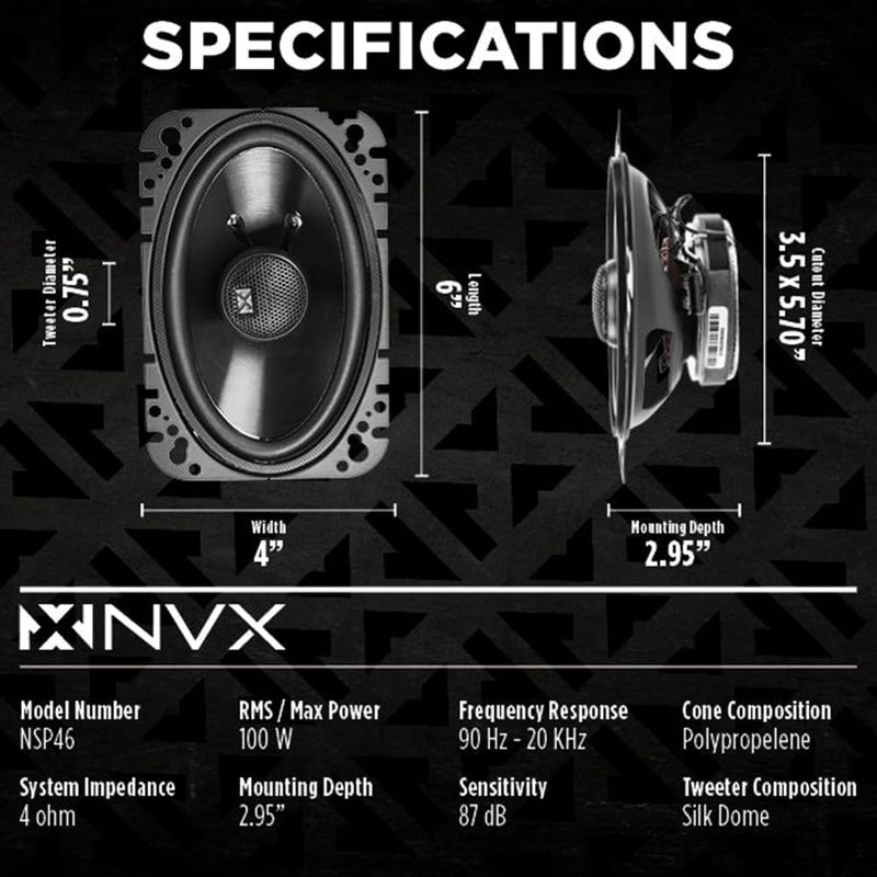 NVX NSP46 300W Peak (100W RMS) 4x6 2-Way N-Series Coaxial Car Speakers with 20mm Silk Dome Tweeters - Image 3